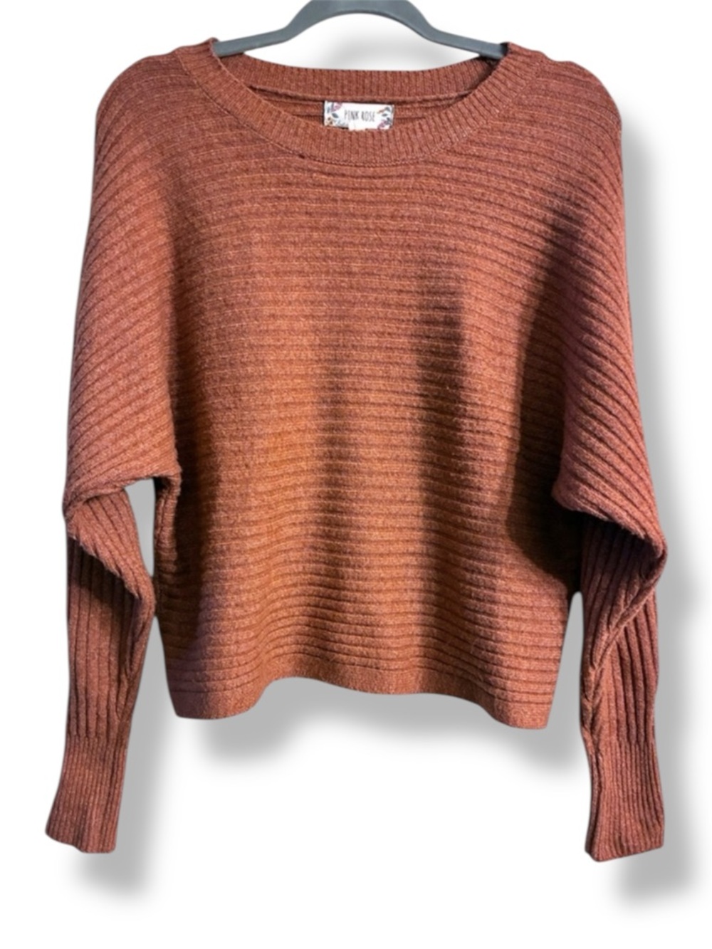 Pink Rose Rust Ribbed Dolman Sleeve Sweater Size M Soft Stretch Knit preowned